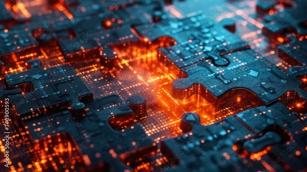 A visual of jigsaw puzzle pieces gradually fitting together to create an image of a digital screen or binary code representing the elaborate nature of cybersecurity solutions