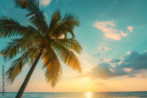 Sunlight shines on a palm tree by the water at sunset