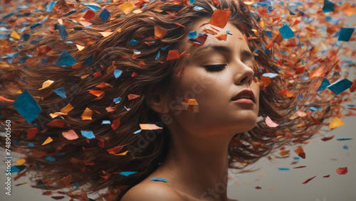 Portrait einer jungen Frau, im Wind wehende Haare mit vielen bunten Papierschnipseln