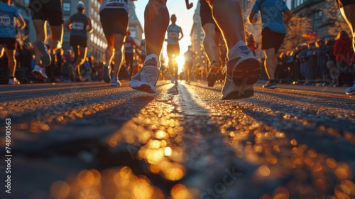 Low angle shot of marathon runners feet on a city street bathed in the golden light of an early sunrise.