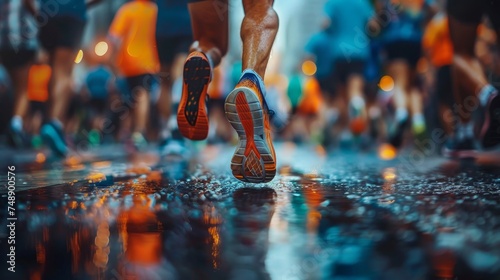 Dynamic view of runners' reflective shoes on wet pavement during an urban marathon, with a bokeh light effect.