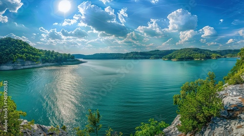 Fototapeta Naklejka Na Ścianę i Meble -  Panoramic landscape photo for a website featuring a clear blue sky over a serene lake on a beautiful summer day.