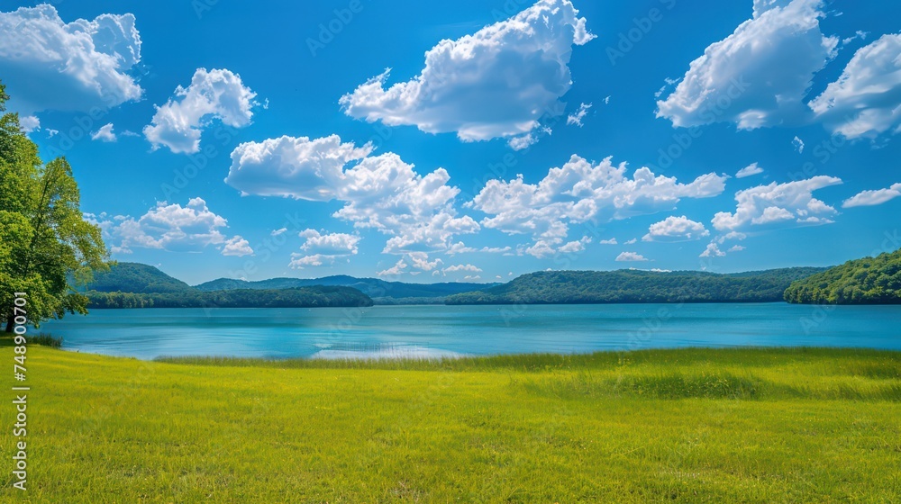 Panoramic landscape photo for a website featuring a grassland, blue sky over a serene lake on a beautiful summer day.