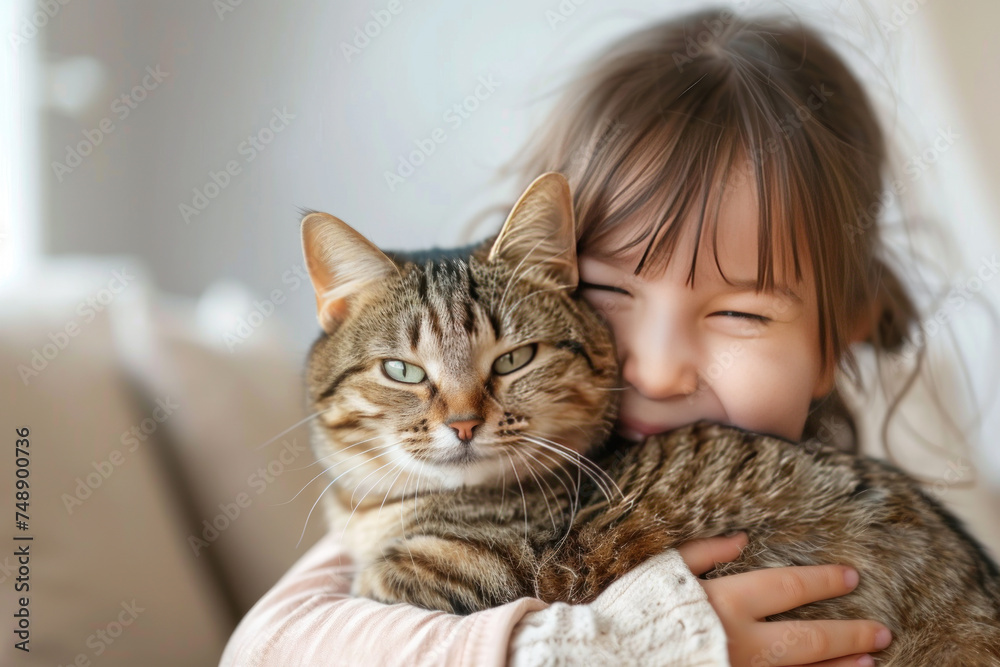 A young girl joyfully embraces her tabby cat