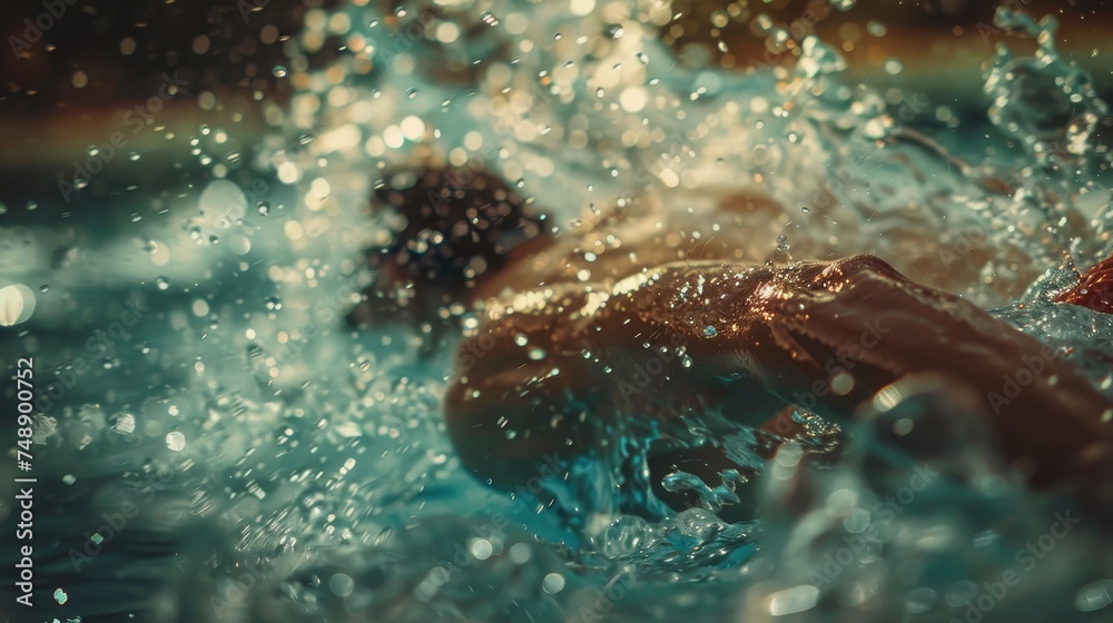 A swimmer in mid-stroke captured with intense focus, creating a dynamic splash in a competitive swimming pool.