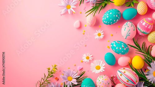 Colorful Easter Eggs with Polka Dots and Stripes on a Pink Background with Confetti.  Copy space. Generative AI