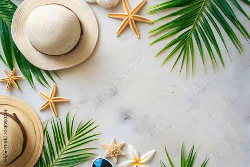 light background with sea travel accessories, hat, sunglasses, palm leaf, seashells and stars