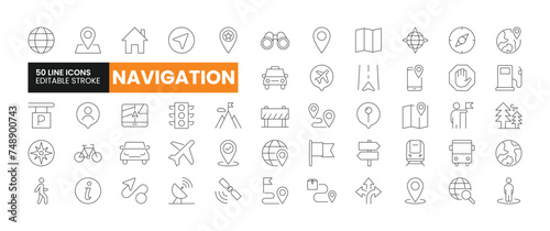 Set of 50 Navigation line icons set. Navigation outline icons with editable stroke collection. Includes Location, Route, Satellite, Parking, Compass, and More.