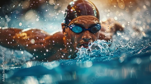 Close-up of a determined swimmer in goggles performing a powerful stroke in a sparkling swimming pool.
