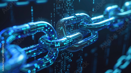 Illustrate a broken chain or padlock intertwined with digital elements such as binary code or circuit patterns representing the disruption of a cyber attack or the robustness of cybersecurity measures photo