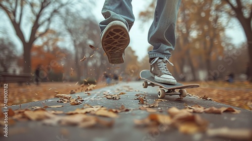 Dynamic close-up of a skateboarder's feet executing a trick, with autumn leaves scattering on a park pathway.