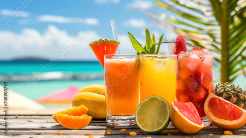 Tropical cocktails on a beachside wooden table with fresh fruits juice