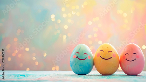 Three colorful Easter eggs with painted smiling faces against a bright bokeh light background. Generative AI