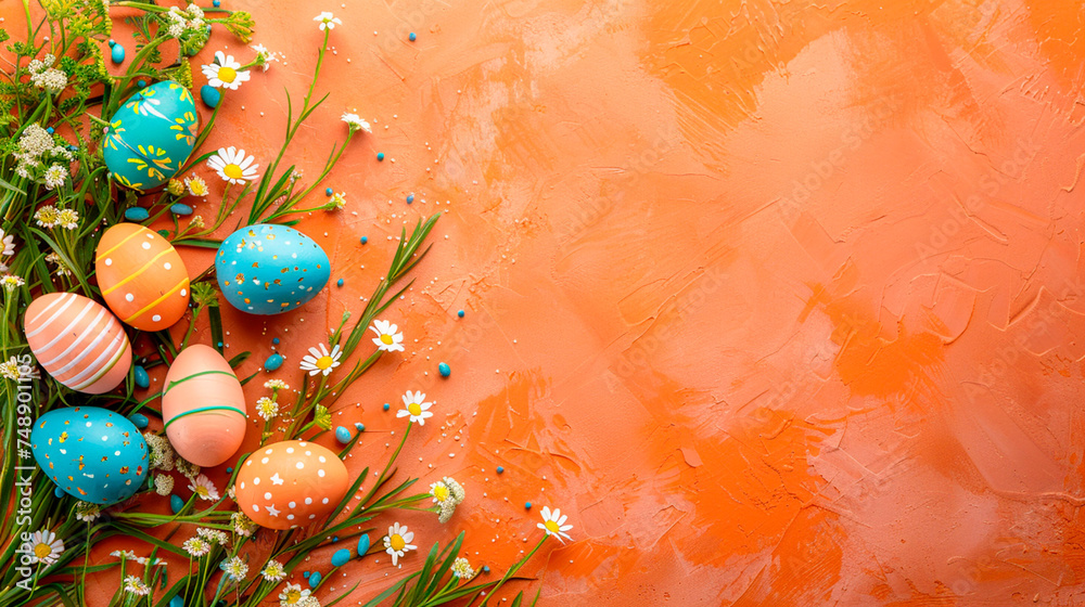 Vibrant easter eggs decorated with dots and flowers nestled in green grass with fresh daisies on a textured orange background. Easter banner with copy space. Generative AI - obrazy, fototapety, plakaty 