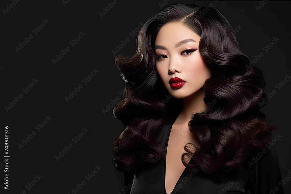 Portrait of a young beautiful Asian woman with long hair stealing in waves, luxury makeup, red lips, and a black dress on a dark gray background with copy space.