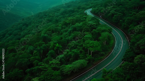 Aerial View of Serpentine Road Through Lush Rainy Forest