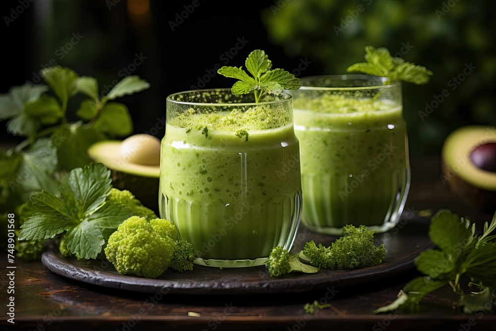 Mugs from glass jars with green health smoothie on the table. Mugs from glass jars with green health smoothie on the table.
