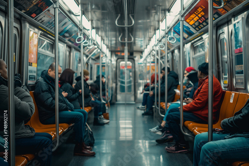 Urban Rhythms: Commuters Ride the Subway, Each Engrossed in Their Own World Amidst the City's Pulse