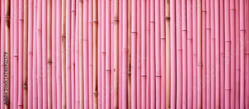 This close-up photo showcases the intricate texture of a bamboo fence against a soft pink wall. The individual bamboo pieces create a visually appealing pattern, adding a touch of nature to the space.
