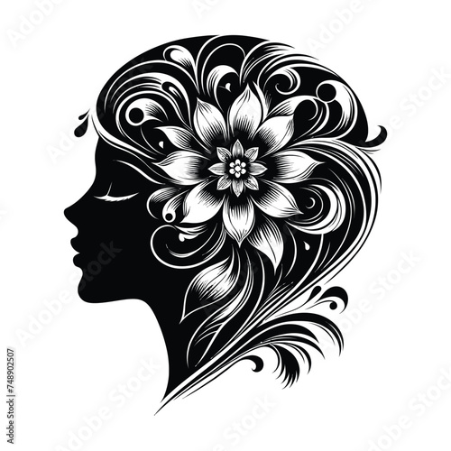 A beautiful vector illustration of a woman's head silhouette with a flower inside.