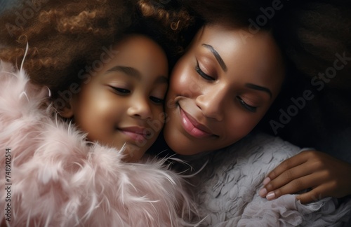 beautiful photo of a black mother and daughter relaxing together in close pro...