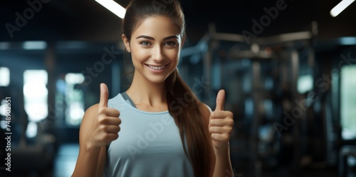 Young woman showing thumbs up at gym