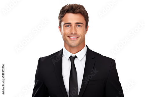Studio portrait of handsome Caucasian Americana businessman wear formal suit and necktie with a beautiful smiling isolated on transparent png background, CEO manager with smart look.