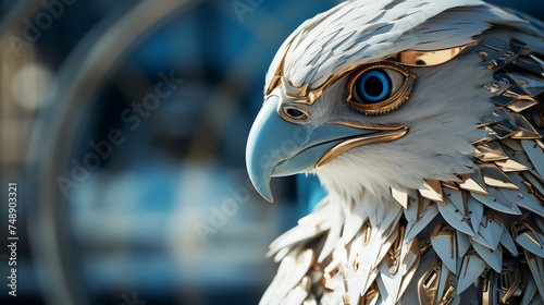 Dive into a scenario where nanorobotics enhance the ancient art of falconry with falcons featuring glittering sapphire details photo