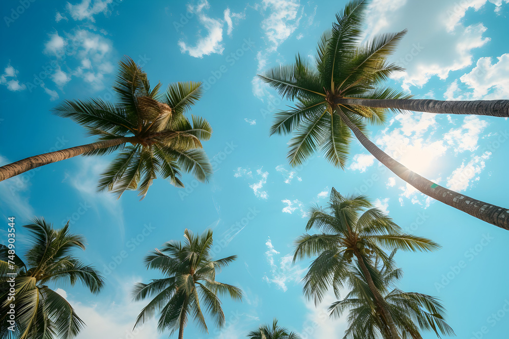 Fototapeta premium palm trees on blue sky clouds. wide angle, angle from bottom to top