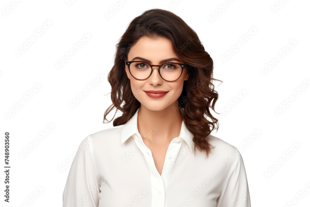 Studio portrait of a beautiful young Caucasian Americana business woman wear glasses and casual shirt with an attractive smile, isolated on transparent png background. Studio portrait of a beautiful young Caucasian Americana business woman wear glasses and casual shirt with an attractive smile, isolated on transparent png background.