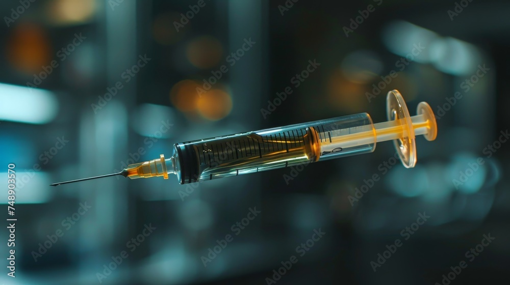 A clear medical syringe with an orange plunger, suspended in a ...