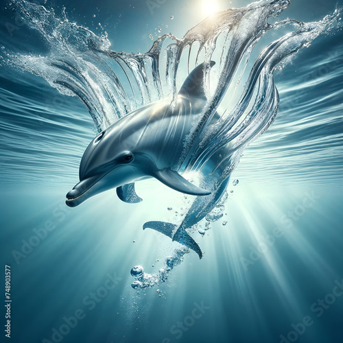 A dolphin plunging into crystal clear water. Generative AI.