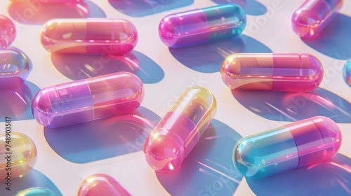Softly lit glossy capsules with pastel reflections, scattered across a surface, depicting the pharmaceutical industry's elegant side.
