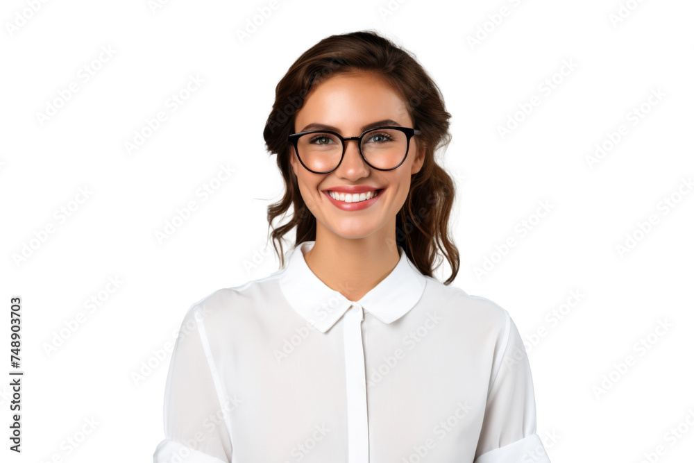 Studio portrait of a beautiful young Caucasian Americana business woman wear glasses and casual shirt with an attractive smile, isolated on transparent png background. Studio portrait of a beautiful young Caucasian Americana business woman wear glasses and casual shirt with an attractive smile, isolated on transparent png background.