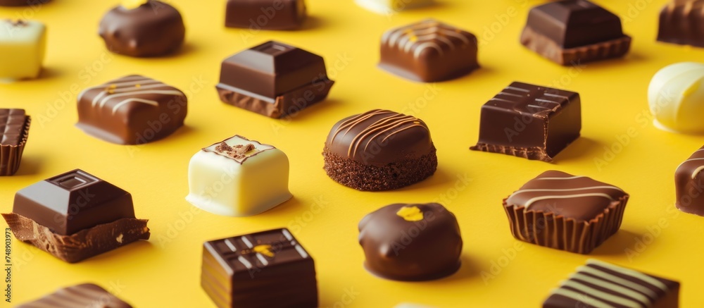 The image shows a variety of gourmet chocolates with intricate designs, including dark, milk, and white chocolate pieces, each with distinct toppings or fillings, arranged neatly on a vibrant yellow s