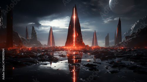 3D obelisks defy paradoxes drones buzz over espresso rivers all set against a galactic backdrop