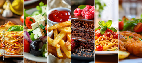 Food background collection meals collage with salad lasagne spaghetti french fries and cake