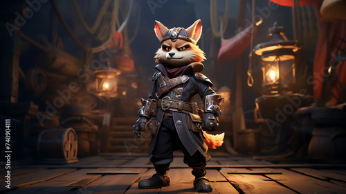 A 3Drendered fox pirate decked out in swashbuckling attire standing proudly on a ships deck map in hand style adventurous