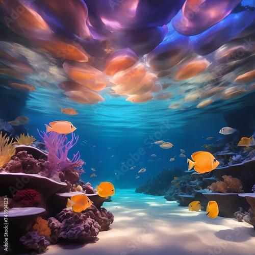 Colorful underwater scene: coral reef with fish in the deep sea