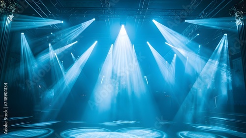 Electrifying atmosphere at a nightclub illuminated by dynamic blue lighting effects. Concept Nightclub Lighting, Blue Effects, Electrifying Atmosphere, Dance Floor Vibes