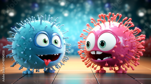 A 3Drendered microscopic showdown cute viruses vs bacteria vibrant colors clashing in an epic tiny battle style whimsical