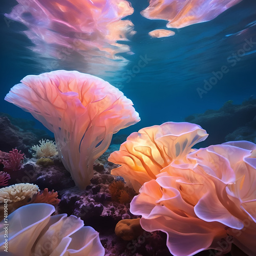 Colorful underwater scene: coral reef with fish in the deep sea © Deejungvillage