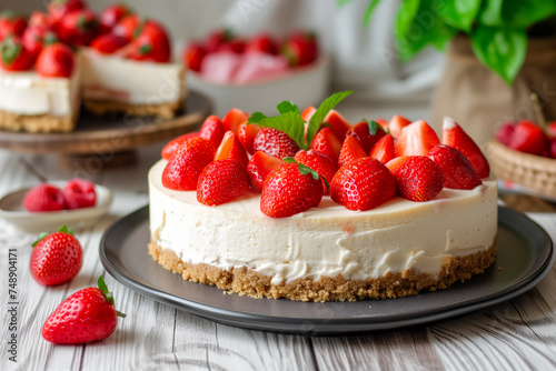 New York American strawberry cheesecake with strawberries fruits dessert on a plate © Markus Mainka