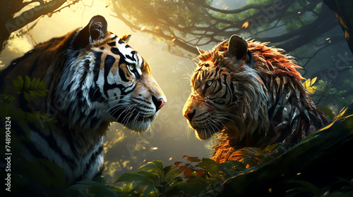 A 3Drendered world where the majestic tiger and gentle deer coexist illustrating an unlikely alliance style hyperrealistic