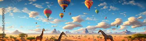 A highdefinition 3D panorama giraffes and zebras graze as hot air balloons ascend into the digital horizon style immersive photo