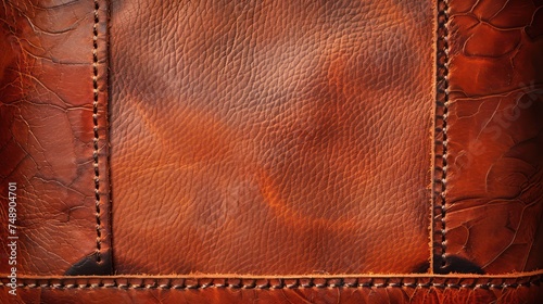 A brown leather background adorned with dark brown stitching around the edges serving as a border