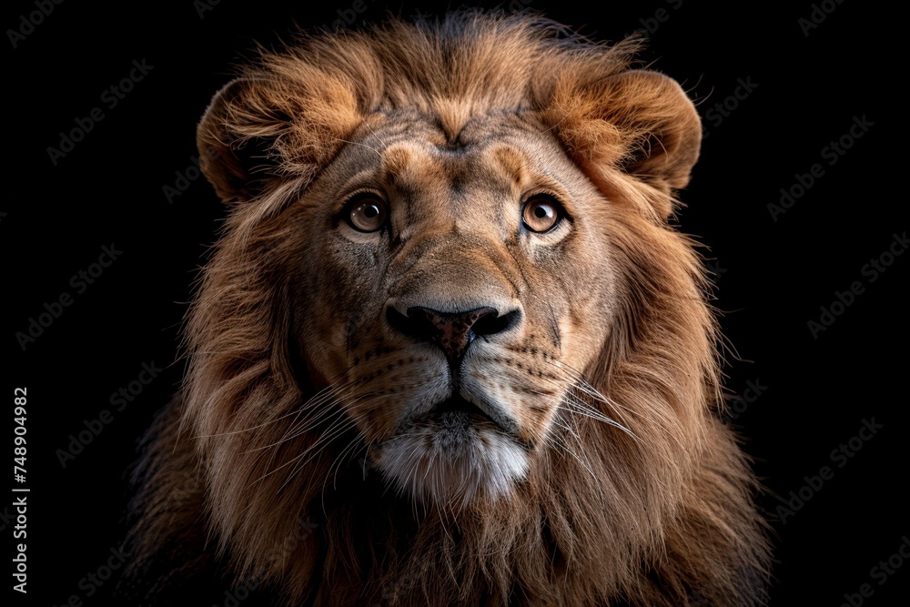 Powerful Presence: Portrait of Male Lion, Intricate Details Set Against Plain Black Background