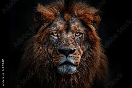 Regal Lion  Portrait Highlighting Intricate Details on Plain Black Background