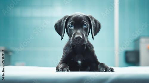 Black Labrador puppy in a veterinary clinic. Dog in the hospital. Puppy at the veterinarian's appointment, treatment, recovering dog. World veterinary day