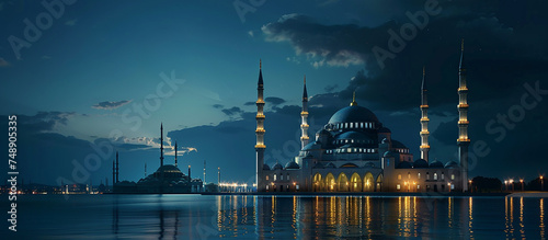 Ramadan Kareem religious background with mosque silhouettes reflected in serene sea,ramadan banner,ramadan holiday islamic